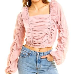 Bella Zoe mauve ruched crop top long sleeve casual ruffled size large Barbiecore